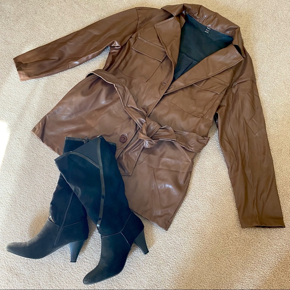 SHEIN coffee brown faux leather jacket with belt and pockets size s